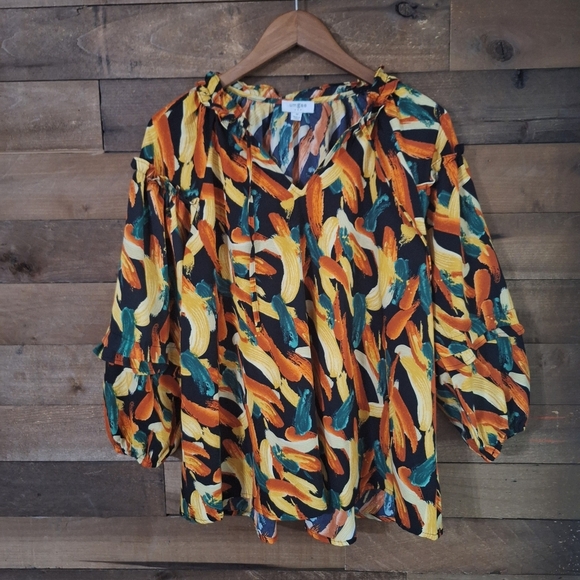 Umgee USA Brushstroke Ruffle Peasant Blouse Size M Boho Abstract Top - Picture 1 of 4